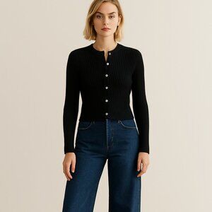 ZARA Ribbed Cardigan Sweater Black Button Front Long Sleeve
